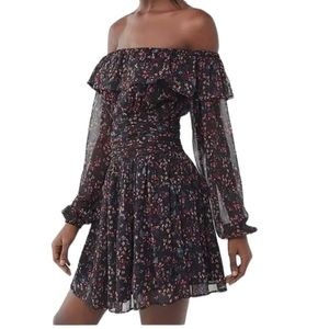 Urban Outfitters Elaine Long Sleeve‎ Off Shoulder Black with Pink Flowers Dress